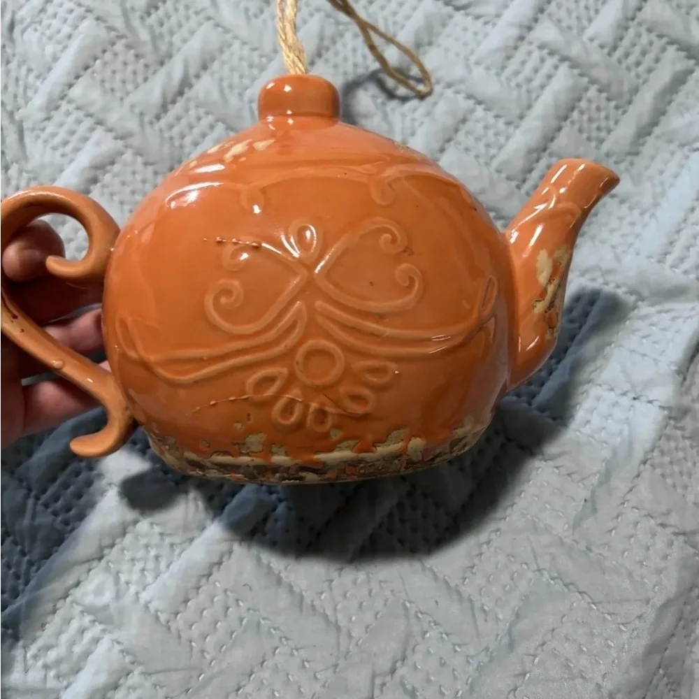 Vintage Orange Rustic Ceramic Teapot Birdhouse 9”